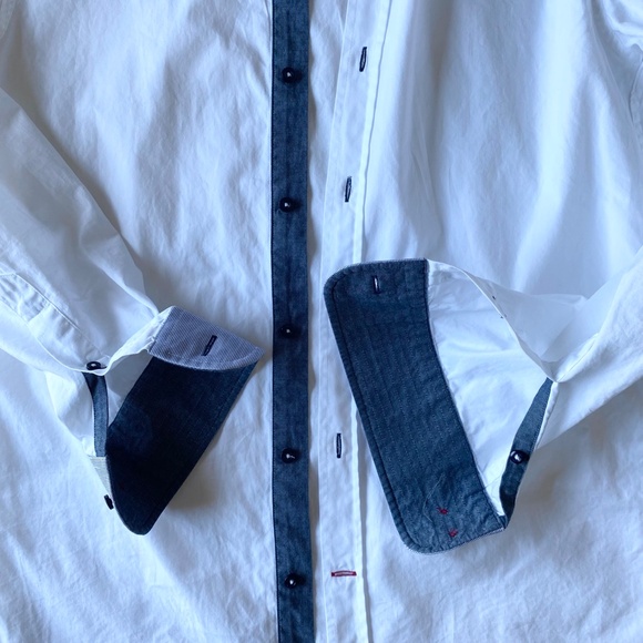 Carven Mens Button-Up Cotton Shirts Mens M White/Blue Striped cuffs - Picture 7 of 14